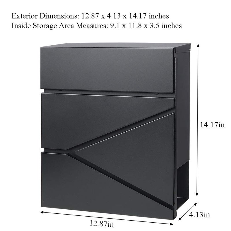 Jssmst Locking Mailbox Wall Mount- Waterproof mailboxes with Secure Key Lock and Newspaper Compartment, Key Lock Drop Box Extra Large Capacity, 12.9 x 4.1 x 14.2 Inch, Black, SM-HPB933 New - Image 4
